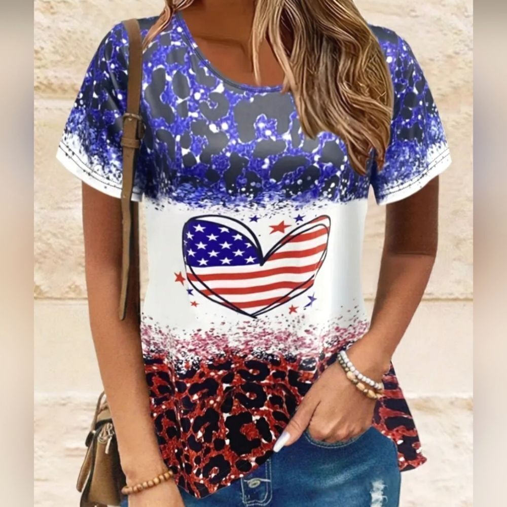 Ladies American Flag Boho heart and flag crew neck T-shirt sz X-large